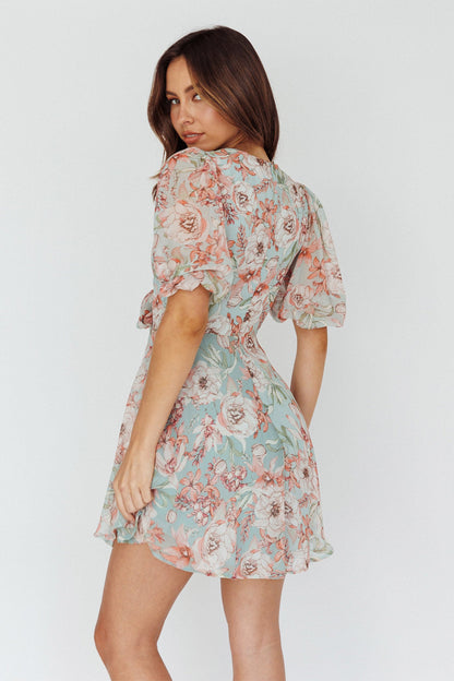 Madison Bow Tie Bust Puff Sleeve Dress Floral Mint