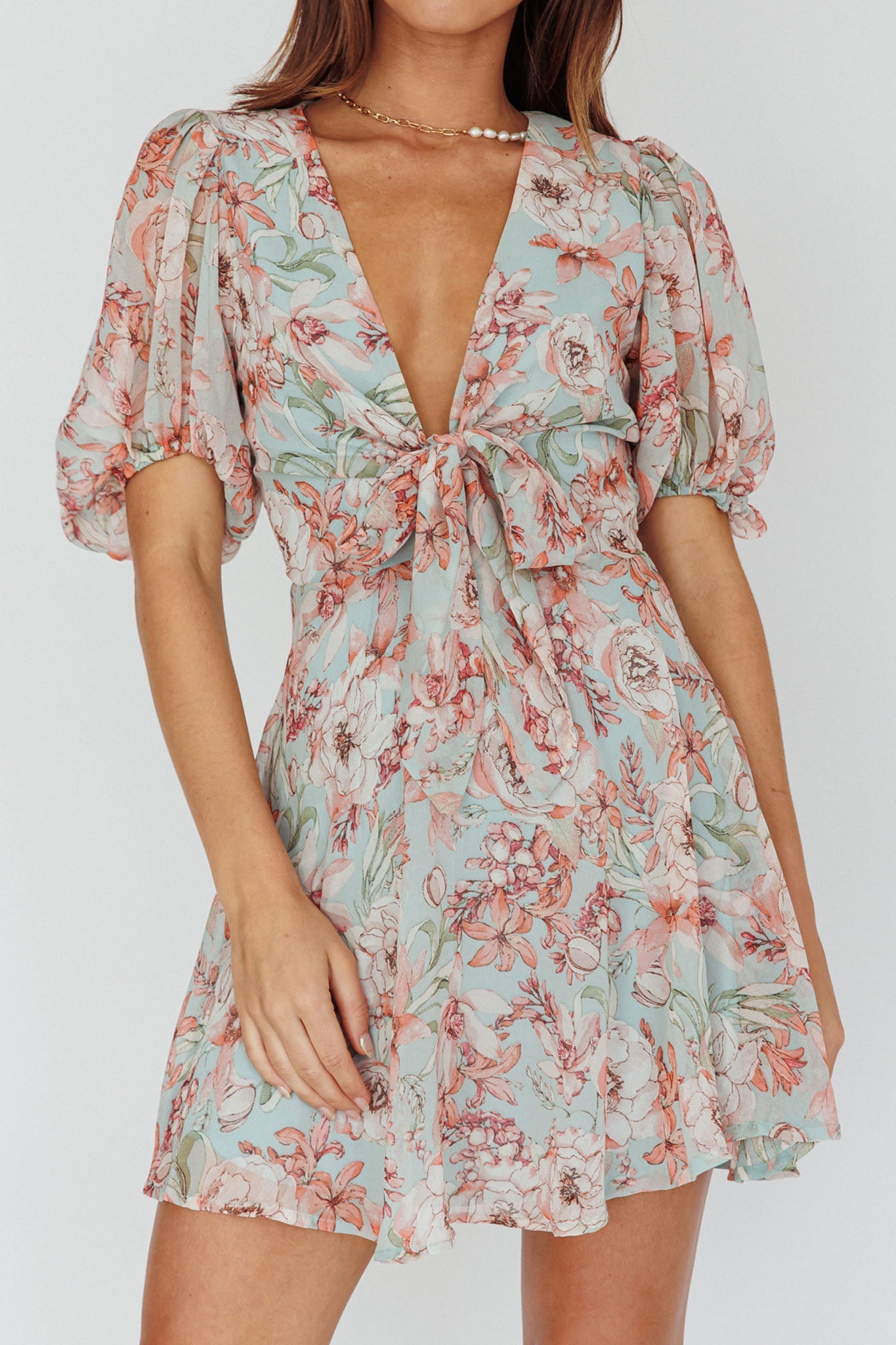 Madison Bow Tie Bust Puff Sleeve Dress Floral Mint