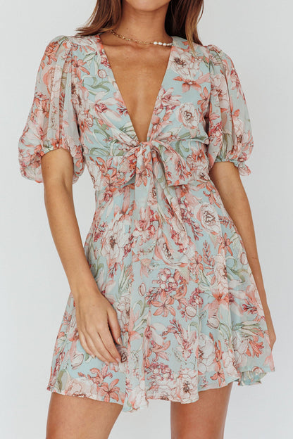 Madison Bow Tie Bust Puff Sleeve Dress Floral Mint