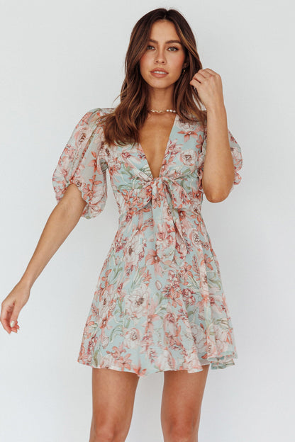 Madison Bow Tie Bust Puff Sleeve Dress Floral Mint