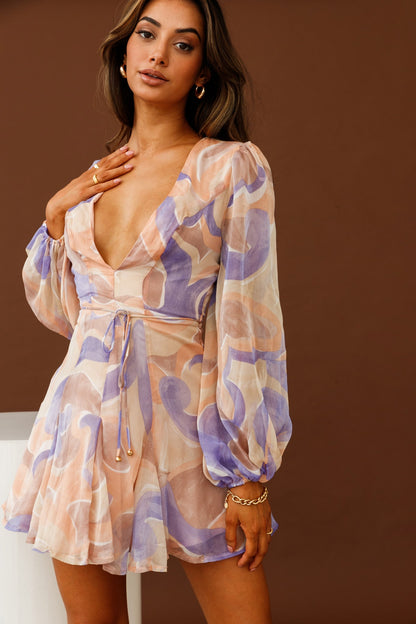 Estelle Long Sleeve V-Neckline Dress Swirl Print Nude/Purple