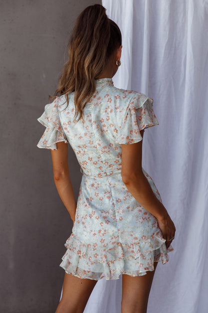 Lark High Neck Ruffle Sleeve Dress Flower Print Aqua
