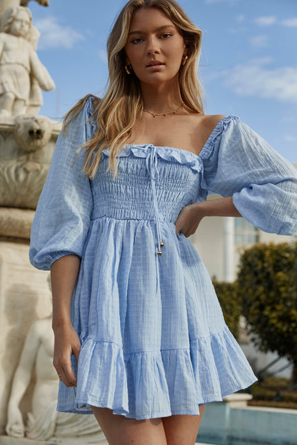 Flynn Balloon Sleeve Shirred Bust Mini Dress Blue