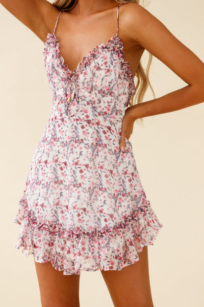 Match Maker Criss-Cross Back Frill Trim Dress Floral Print Pink Multi
