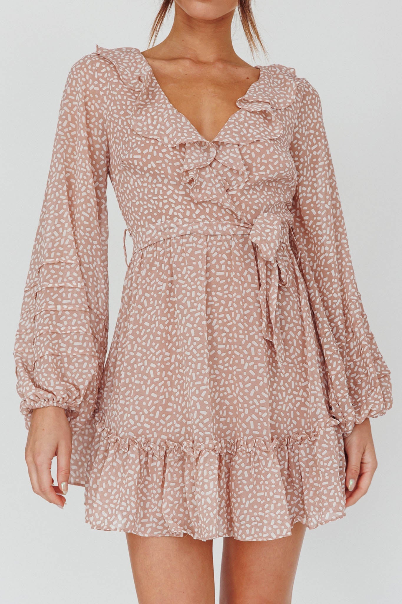 Marcheline Balloon Sleeve Waist Tie Dress Sprinkle Print Pink