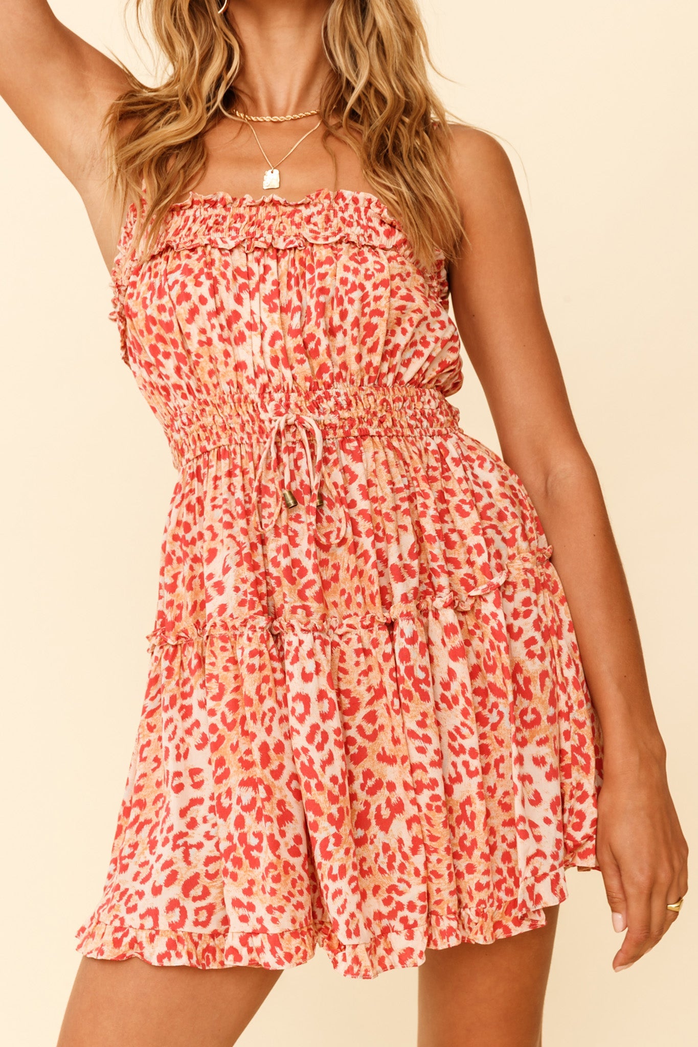 Weekend Escape Cami Strap Drawstring Dress Animal Print Orange
