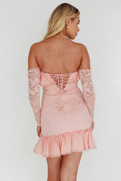 Mae Long Sleeve Sweetheart Crochet Lace Dress Blush