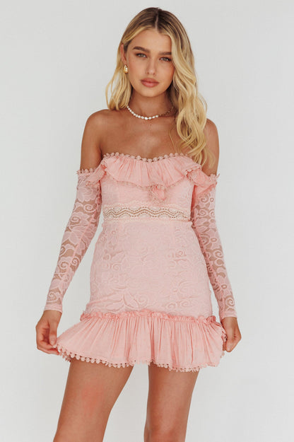 Mae Long Sleeve Sweetheart Crochet Lace Dress Blush