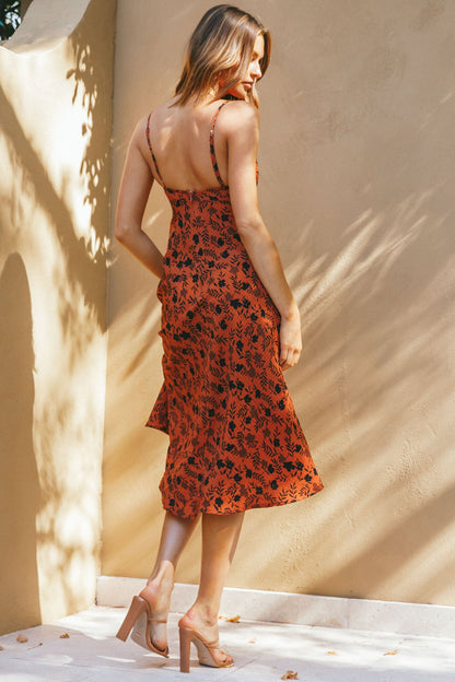 Melancholy Resin Buckle Midi Dress Floral Print Orange