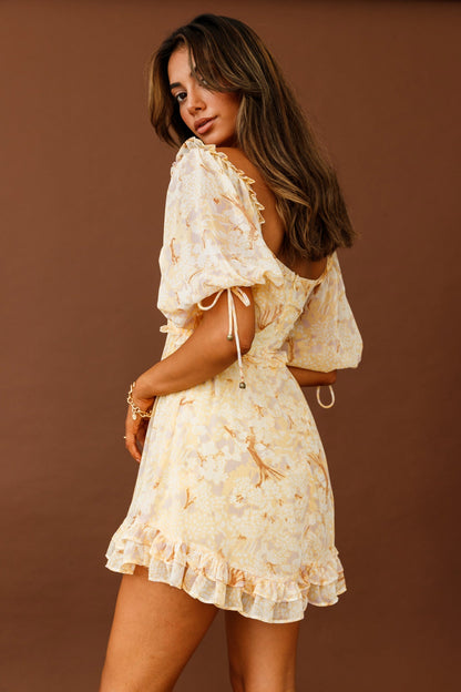 Kirra Puff Sleeve Ruched Bodice Dress Botanic Print Yellow