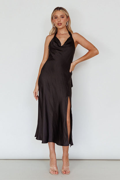 Champagne Showers Halterneck Slip Midi Dress Black