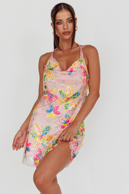 Champagne Showers Halterneck Slip Mini Dress Sequin Floral Pink