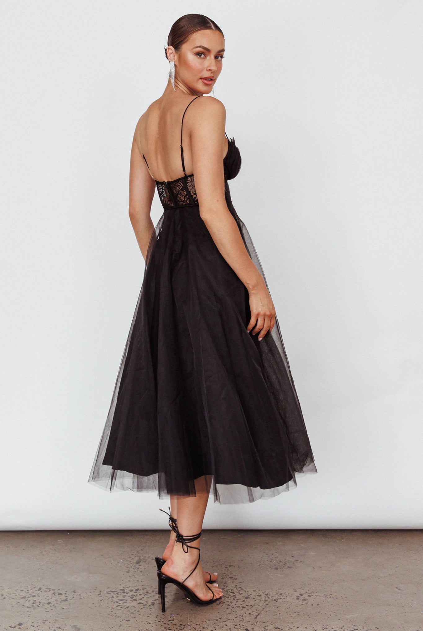 Trophy Lace Bodice Mesh Midi Dress Black