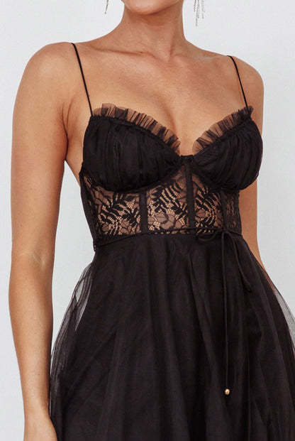 Trophy Lace Bodice Mesh Midi Dress Black