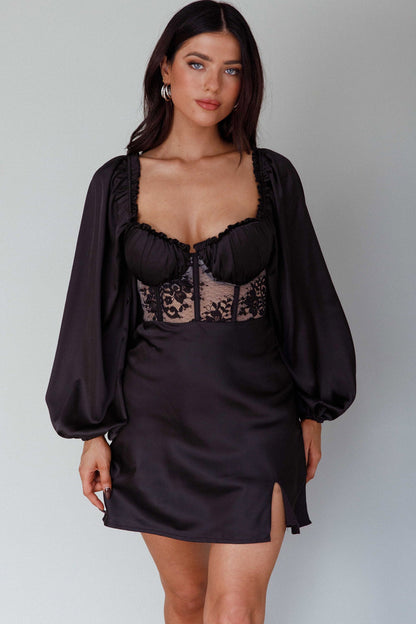 Trophy Long Sleeve Lace Bodice Mini Dress Black