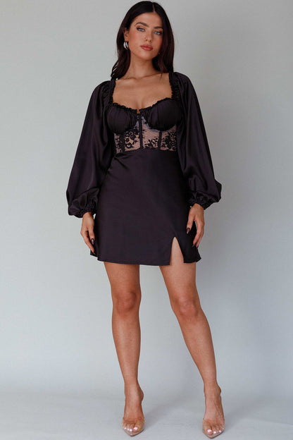 Trophy Long Sleeve Lace Bodice Mini Dress Black