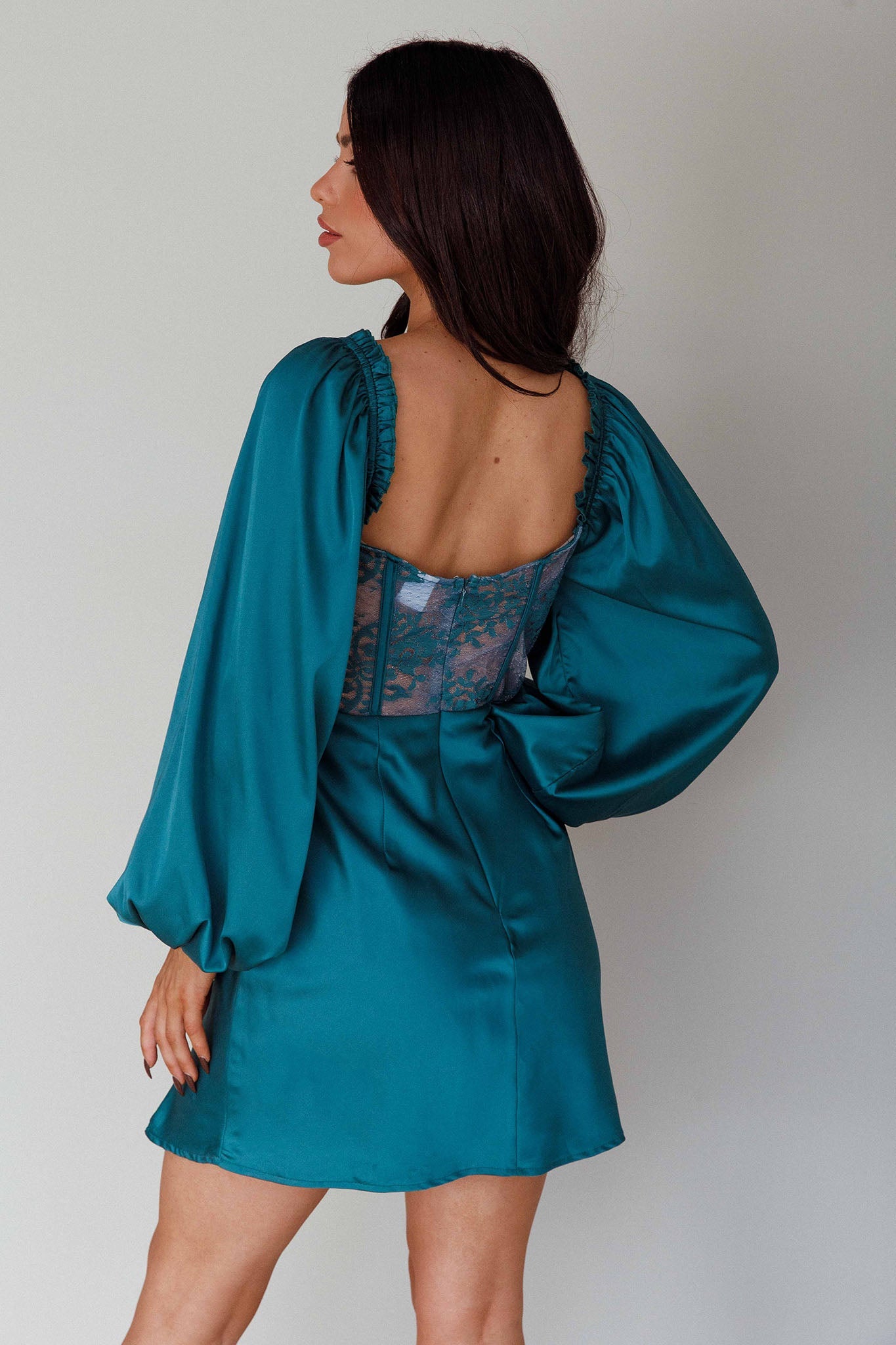 Trophy Long Sleeve Lace Bodice Mini Dress Forest Green