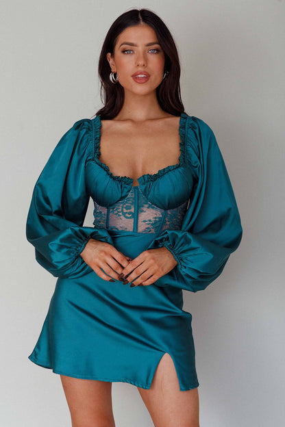 Trophy Long Sleeve Lace Bodice Mini Dress Forest Green