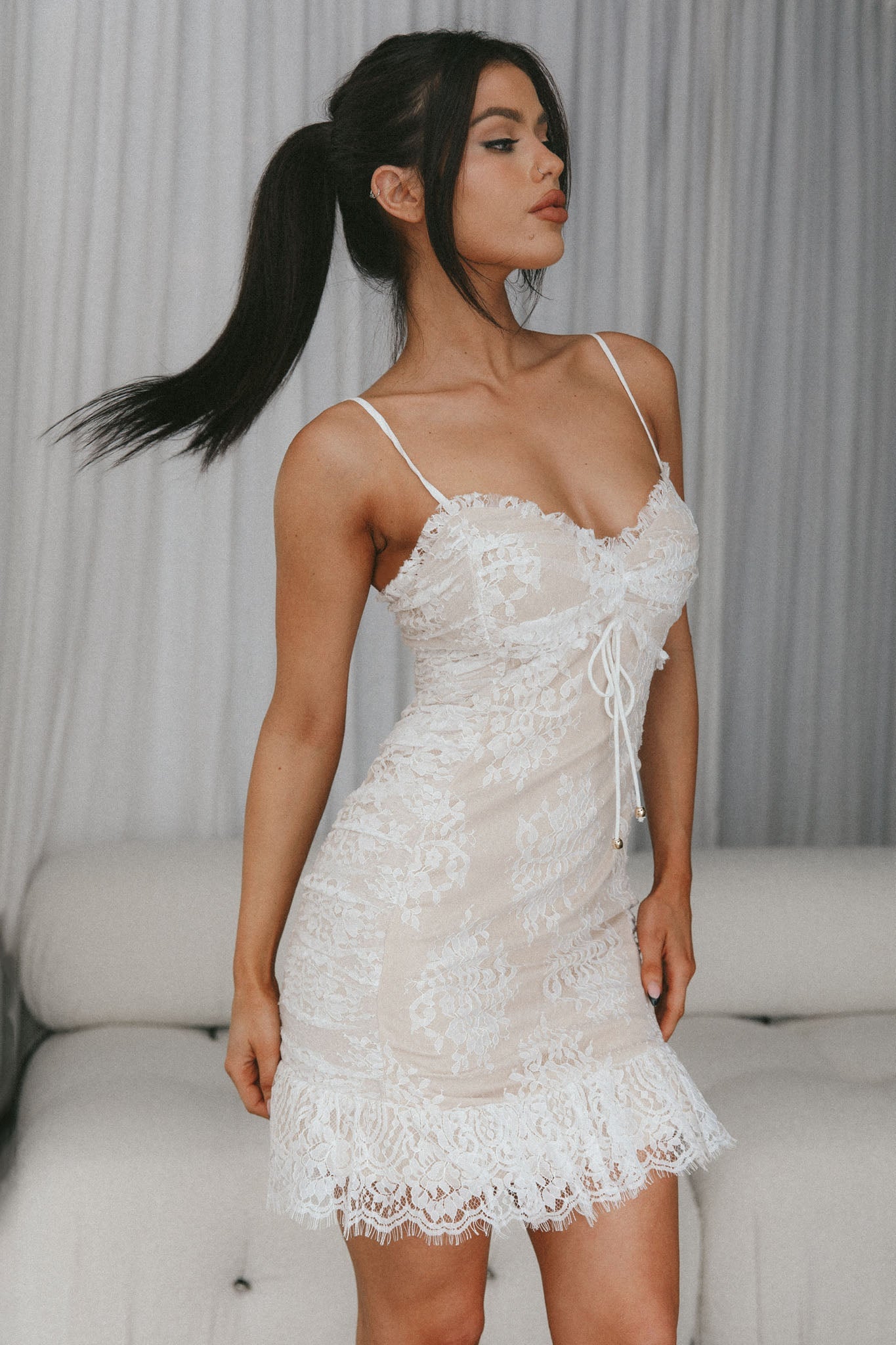 St Tropez Cami Strap Frill Hem Lace Mini Dress White