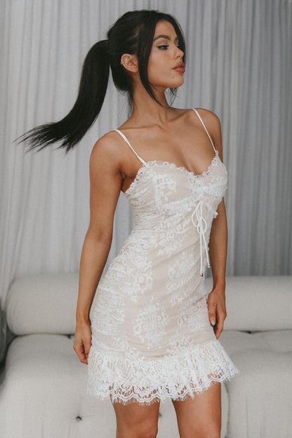 St Tropez Cami Strap Frill Hem Lace Mini Dress White