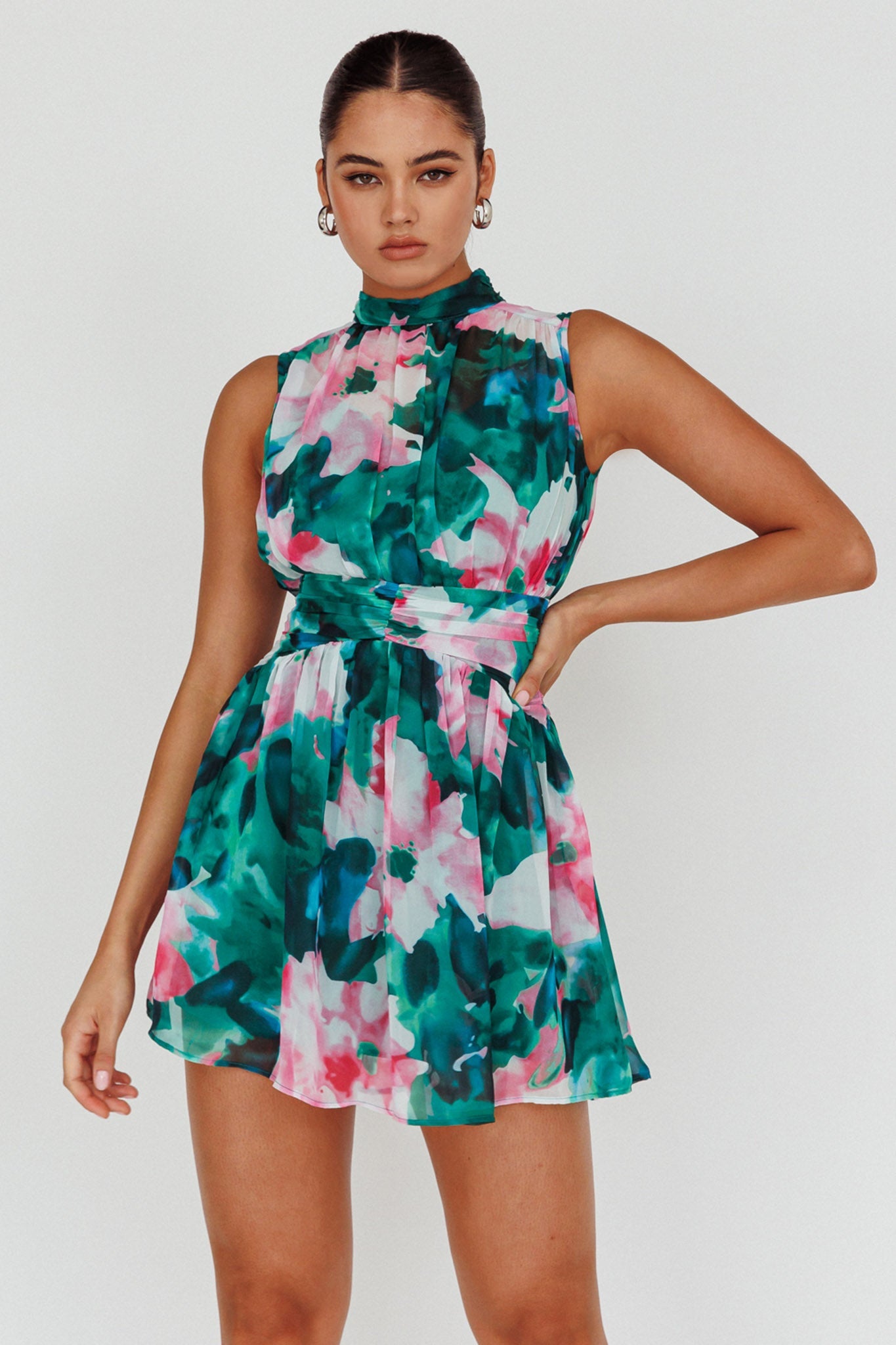 Mandalay High Neck Sleeveless Dress Floral Green