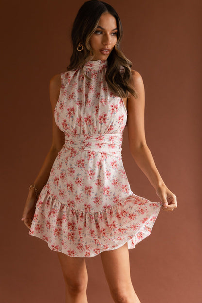 Mandalay High Neck Sleeveless Waistband Dress Vintage Floral Pink
