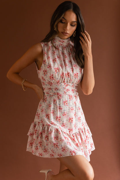 Mandalay High Neck Sleeveless Waistband Dress Vintage Floral Pink