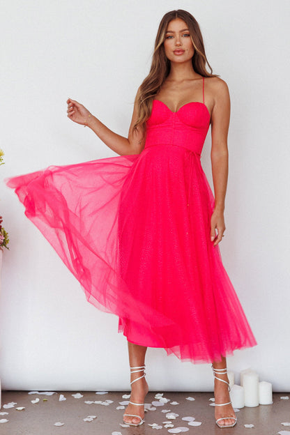 Smitten Sweetheart Neckline Chiffon Midi Dress Fuchsia