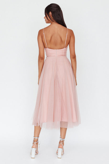 Smitten Lace Insert Tulle Midi Dress Blush