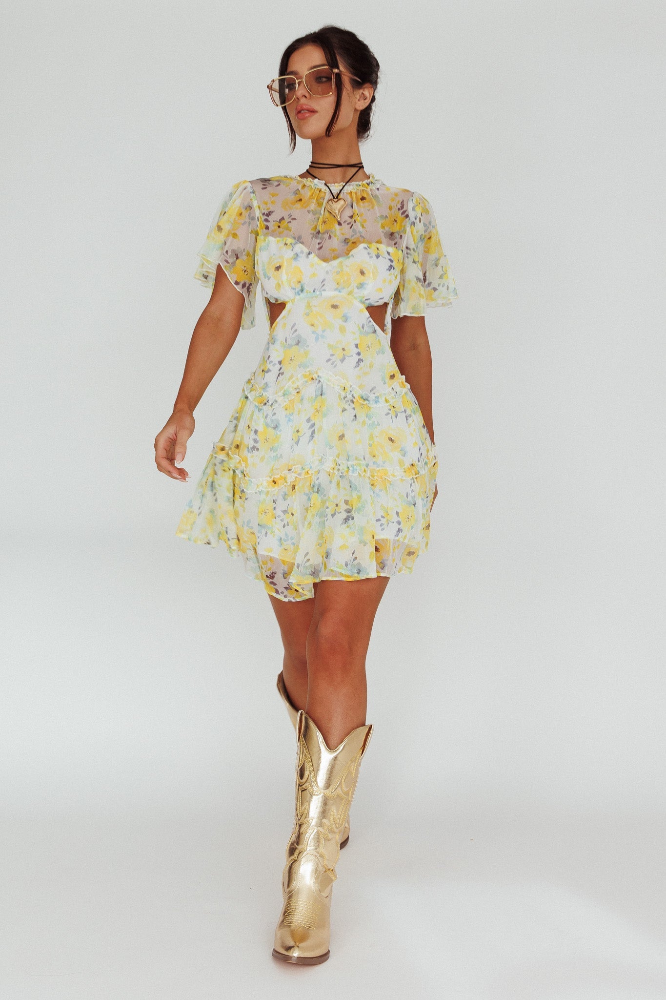 Tres Chic Flutter Sleeve Cut-Out Dress Floral Yellow