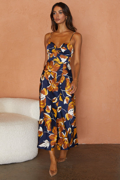 Missoula Cami Strap Padded Bust Midi Dress Floral Print Navy