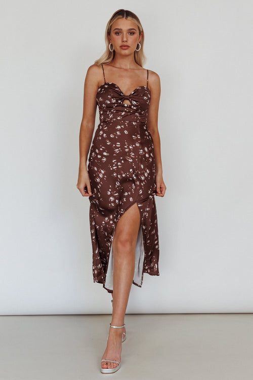 Missoula Cami Strap Padded Bust Midi Dress Printed Brown