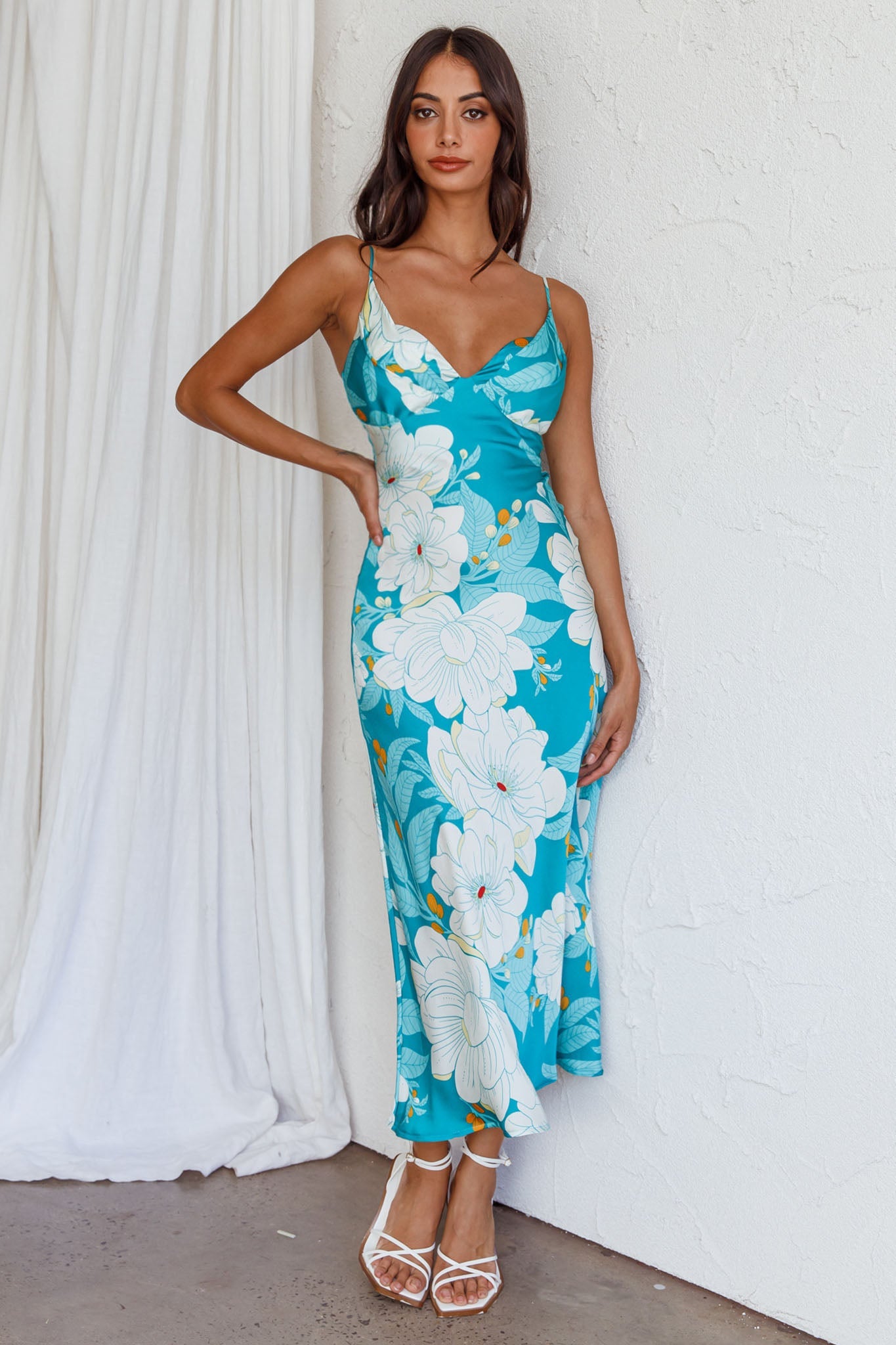 Infinity Pintuck Bust Midi Dress Flower Teal