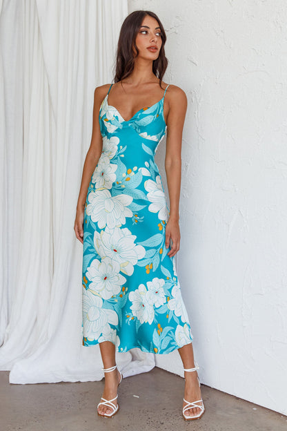 Infinity Pintuck Bust Midi Dress Flower Teal