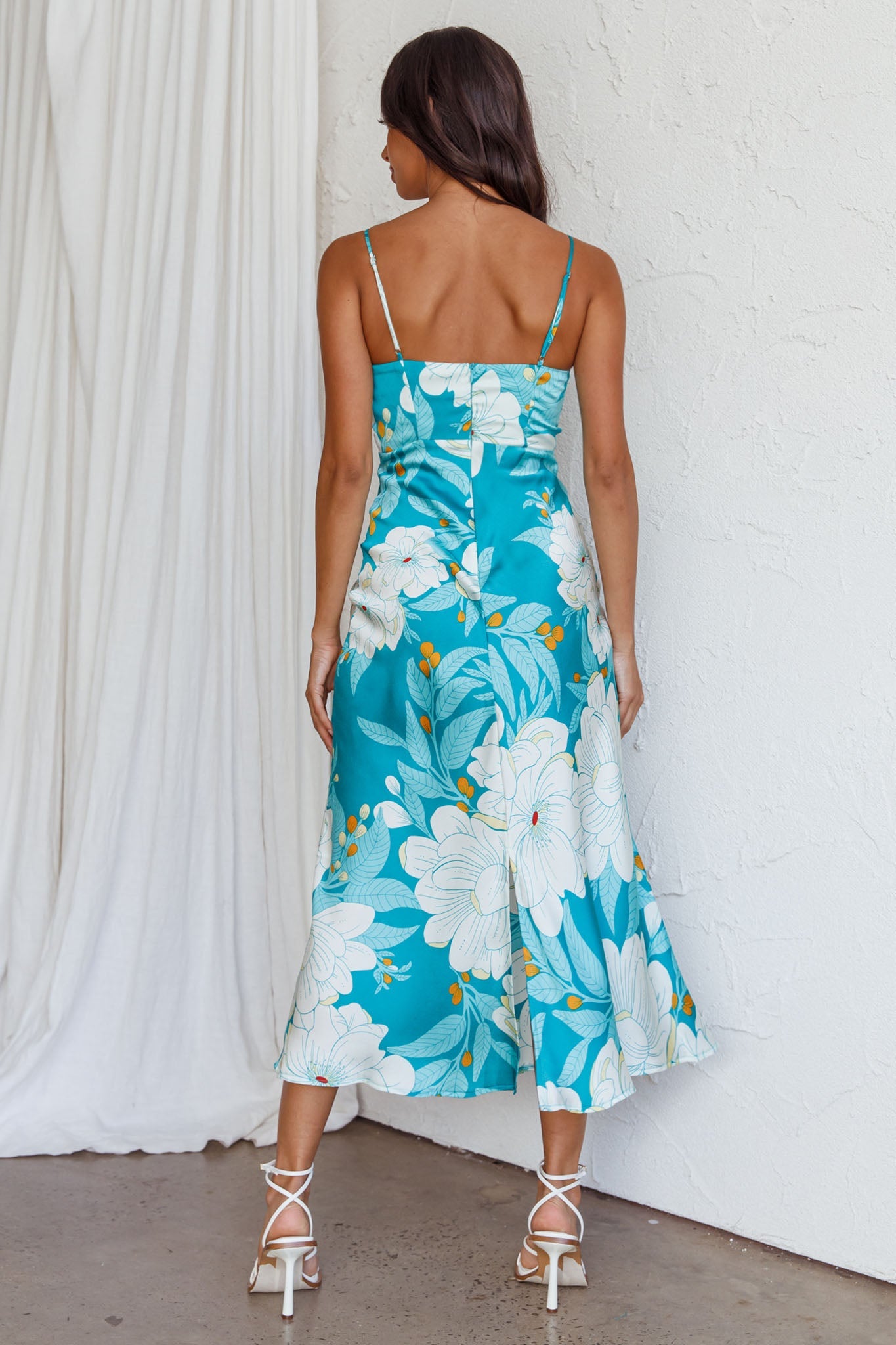 Infinity Pintuck Bust Midi Dress Flower Teal