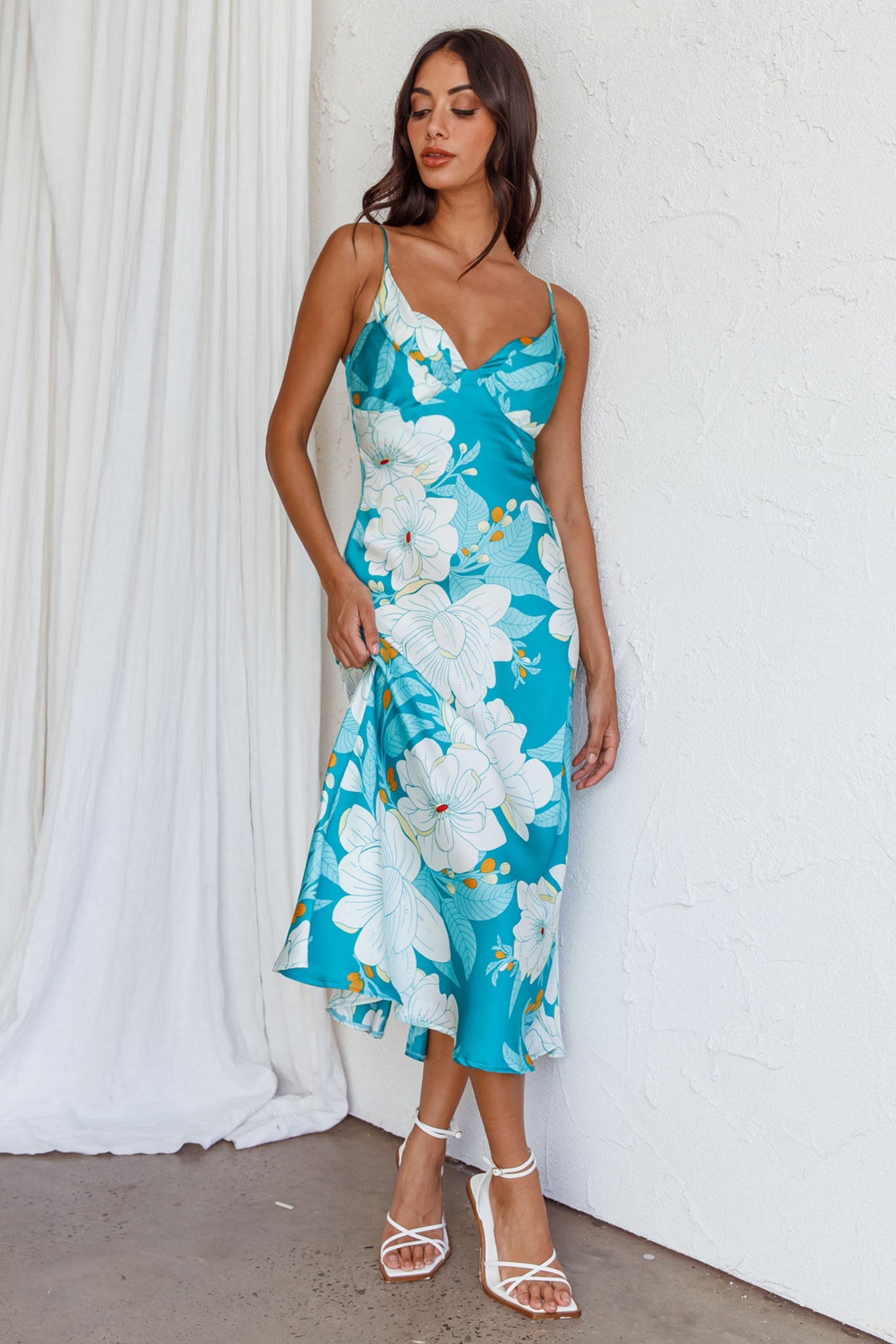 Infinity Pintuck Bust Midi Dress Flower Teal