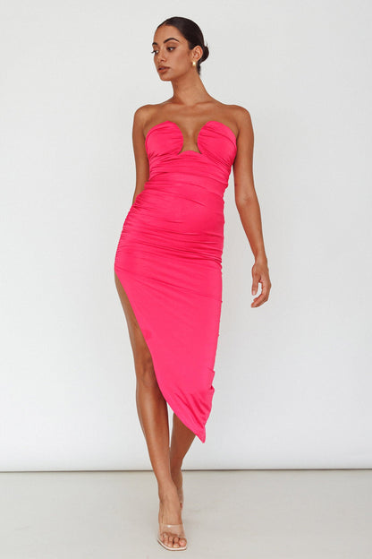 Roma U-Neckline Ruched Midi Dress Hot Pink