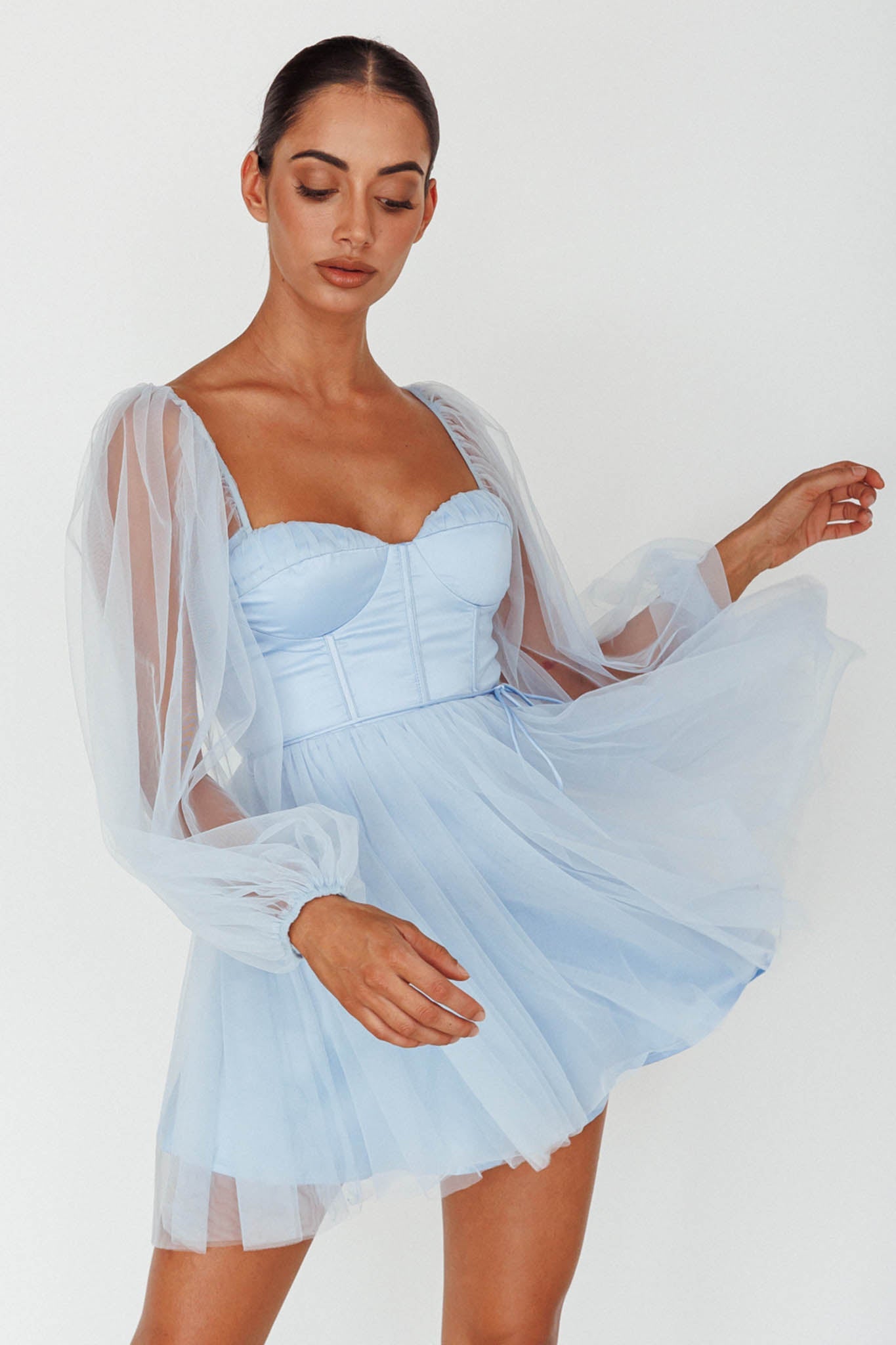 Fairytale Dream Sheer Sleeve Mini Dress Blue