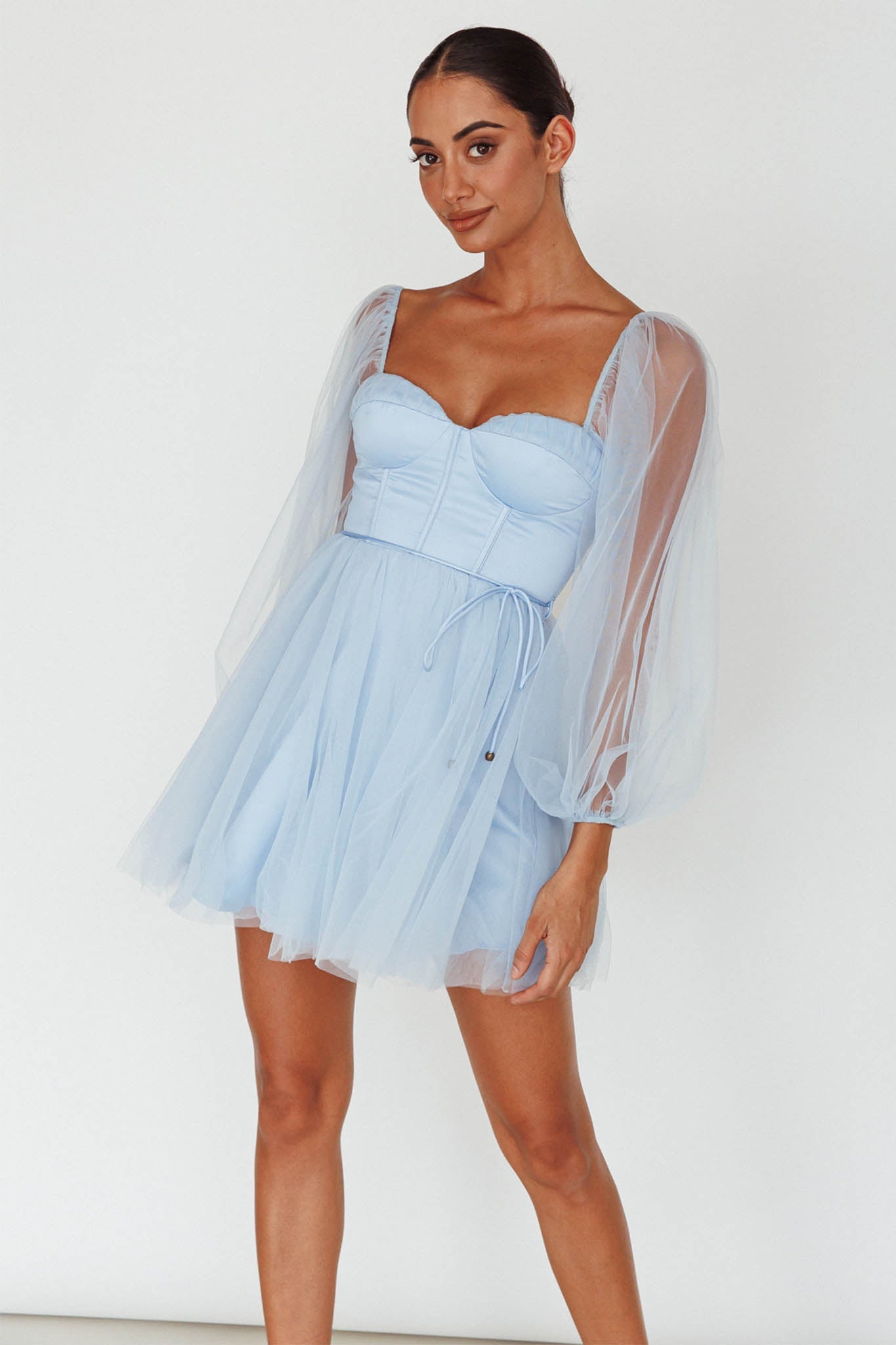 Fairytale Dream Sheer Sleeve Mini Dress Blue
