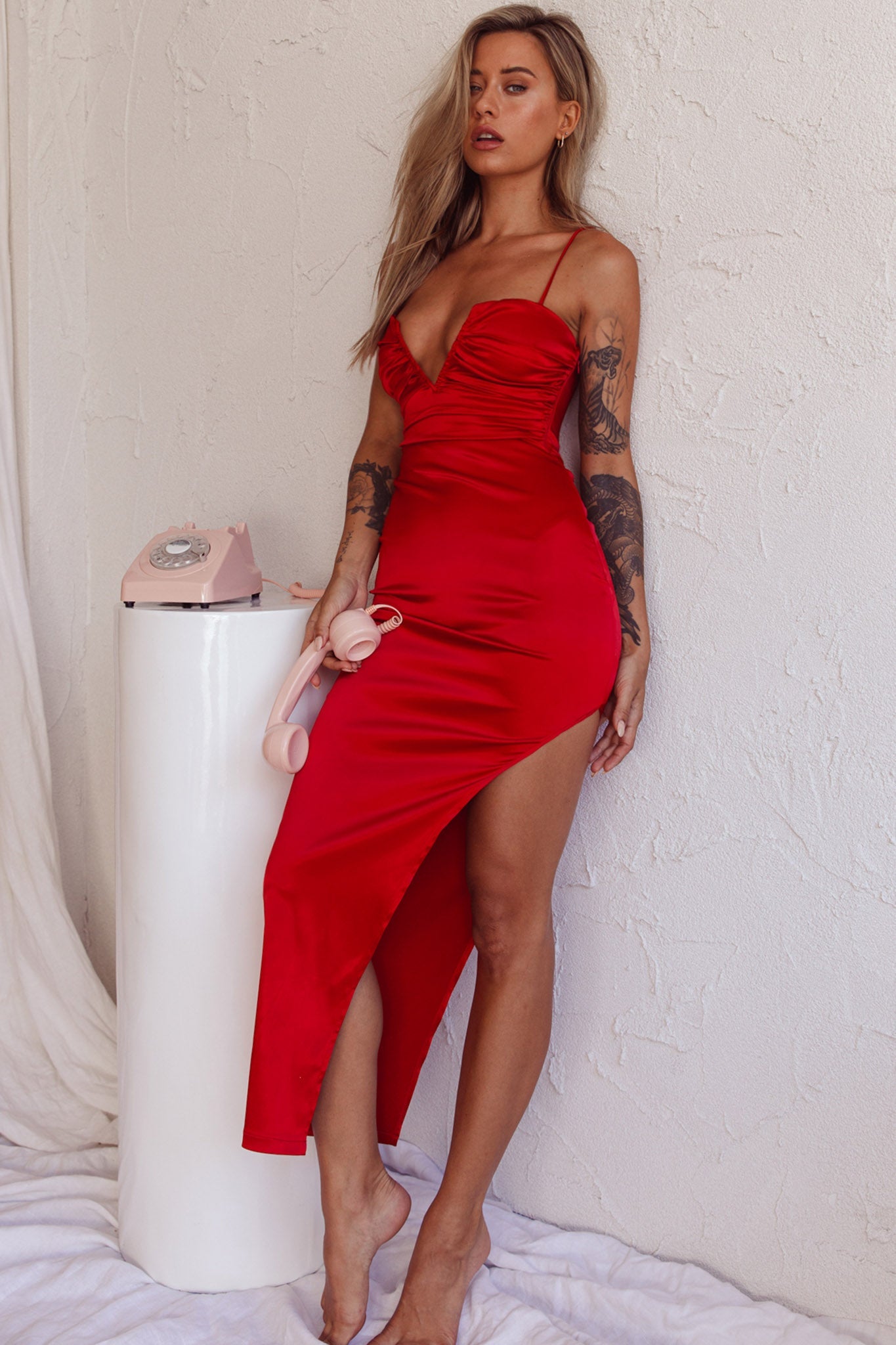 Dancing In September Thigh Split Dress Red