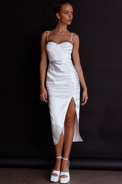 Fantasy Structured Bodice Ruched Midi Dress White
