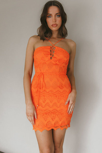 St Kilda Embroidered Lace Strappy Dress Coral