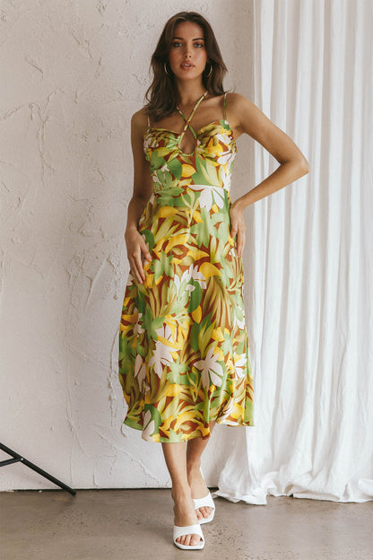 Emmalie Satin Midi Dress Floral Green