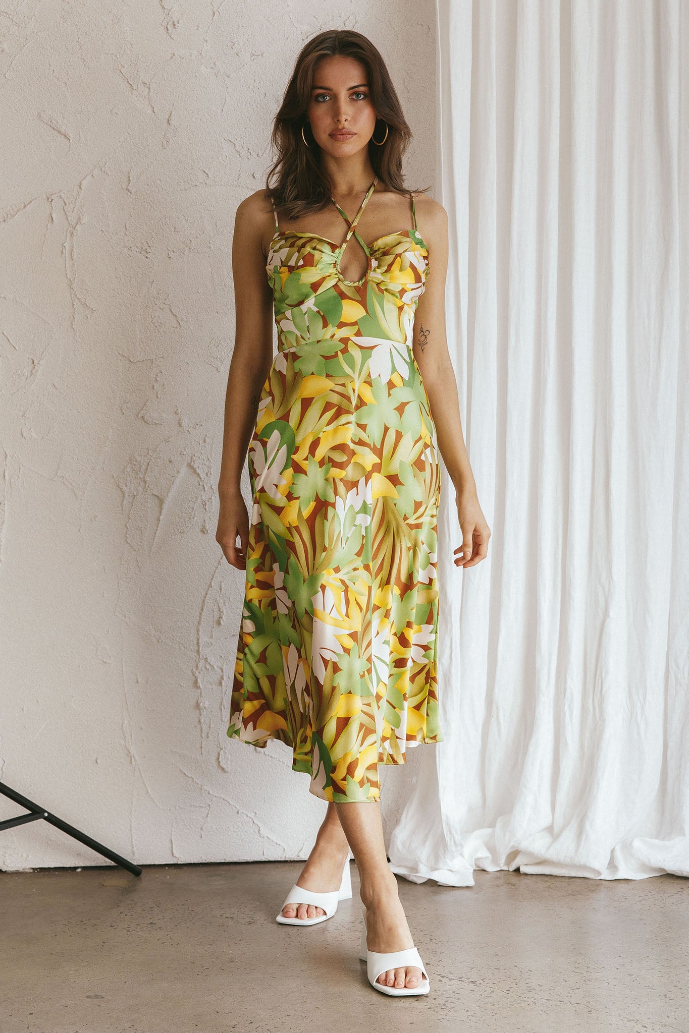 Emmalie Satin Midi Dress Floral Green