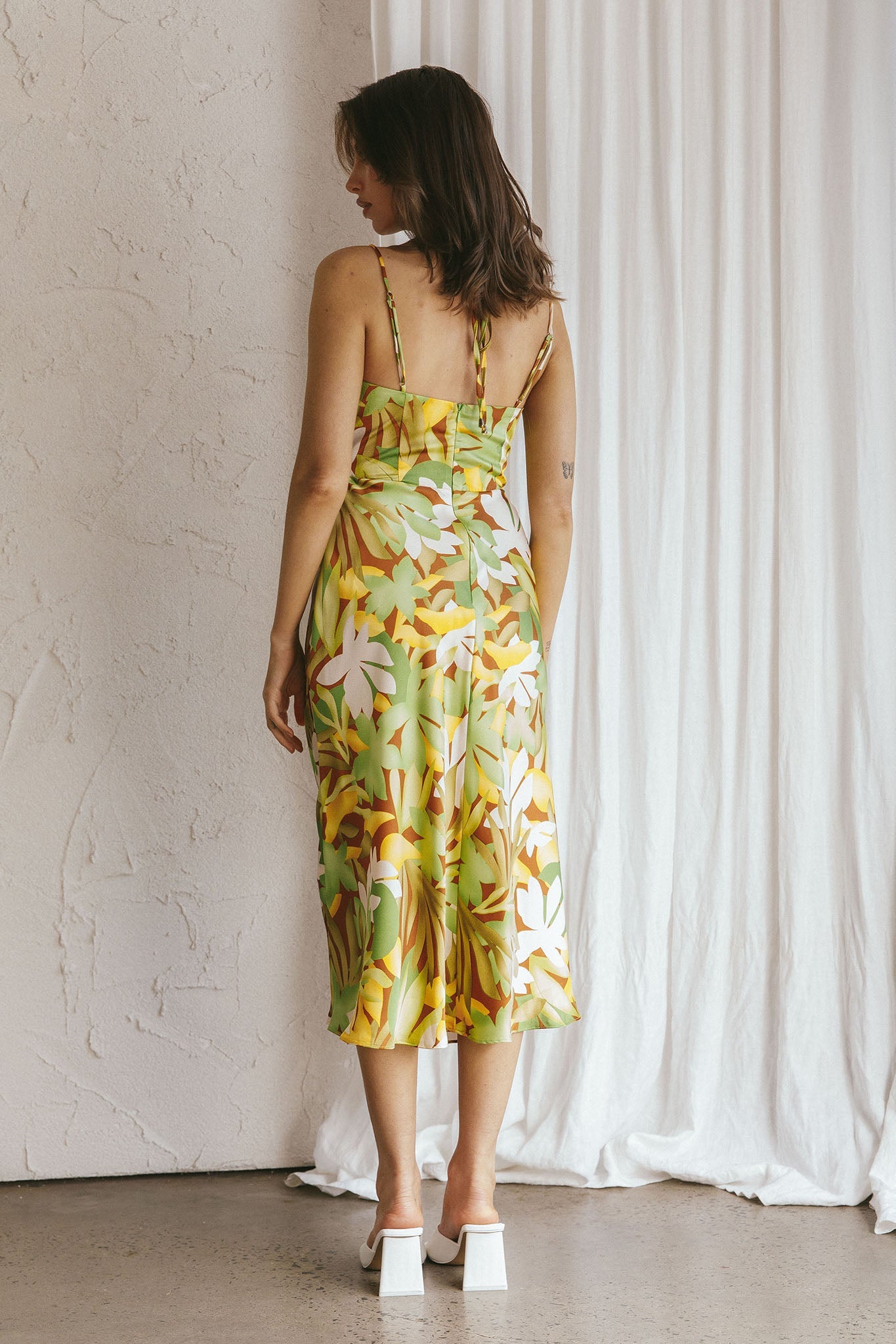 Emmalie Satin Midi Dress Floral Green