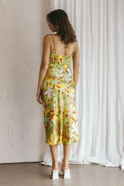 Emmalie Satin Midi Dress Floral Green
