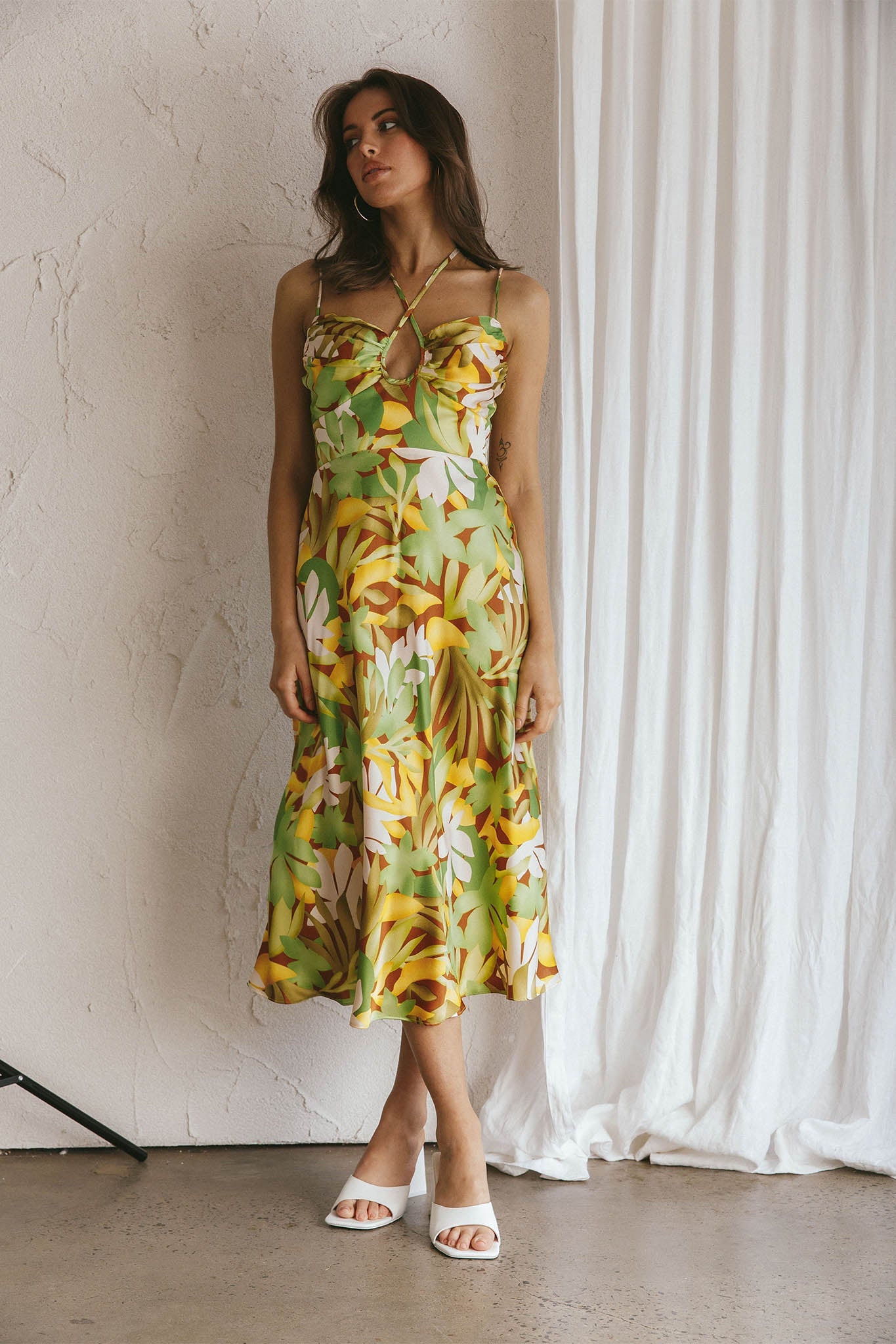 Emmalie Satin Midi Dress Floral Green