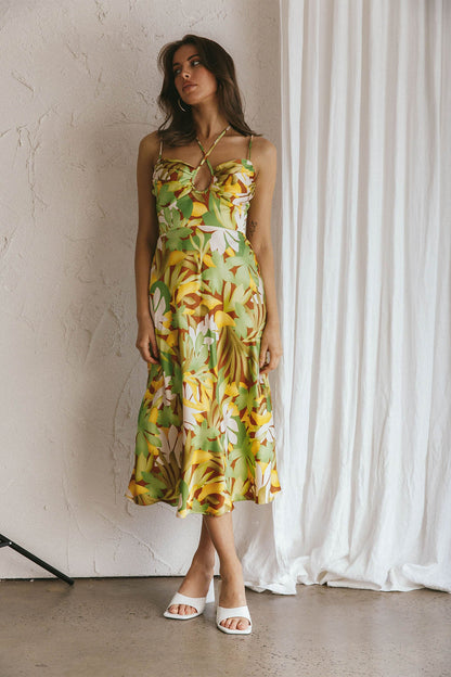 Emmalie Satin Midi Dress Floral Green