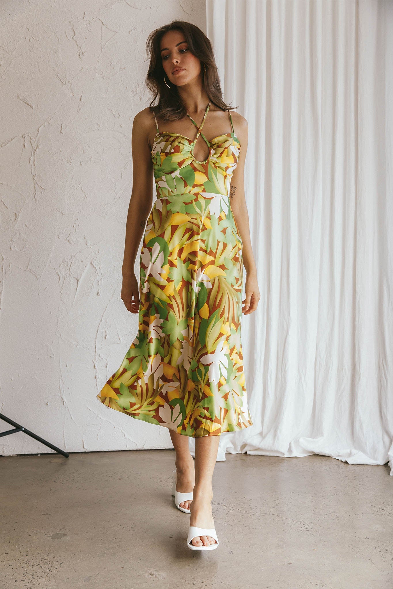 Emmalie Satin Midi Dress Floral Green