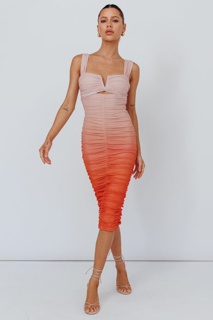 Nadia Ruched Midi Dress Gradient Orange